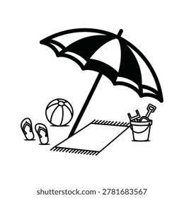 Beach umbrella with flip flops, ball, and bucket