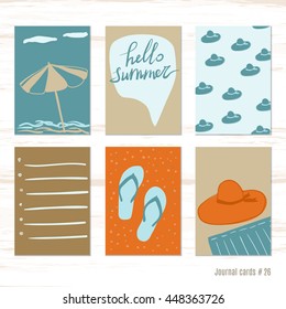 beach umbrella, flip flops, panama. Vector design templates for journal cards, scrapbooking cards, greeting cards, gift cards, patterns, blogging. Planner cards. Cute doodle. Printable templates set.