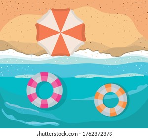 beach with umbrella and floats top view design, Summer vacation and tropical theme Vector illustration