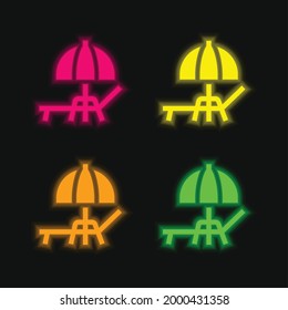 Beach Umbrella four color glowing neon vector icon