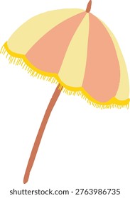 Beach umbrella with fringe canopy on a slanted pole, hand-drawn sketch style. Symbol of vacation, shade, relaxation, and summer leisure. Cartoon vector illustration.