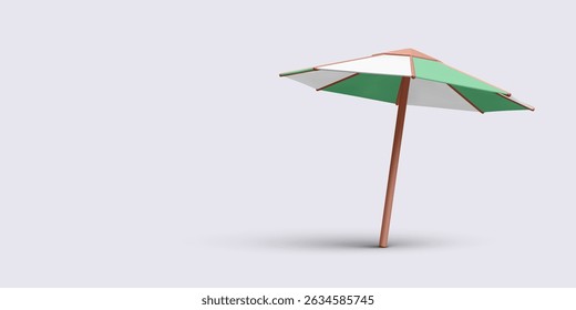 Beach Umbrella With Green And White Stripes On Light Background, Minimal 3D Style Representing Summer Relaxation, Vacation, And Travel Themes. Perfect For Seasonal Visuals. Vector Illustration.