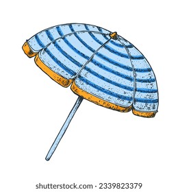 Beach umbrella hand drawn vector illustration. Open blue striped beach umbrella isolated on white