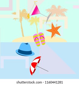 beach umbrella hat flip flops cocktail starfish beach holiday vector background