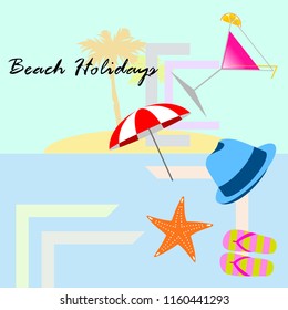 beach umbrella hat flip flops cocktail starfish beach holiday vector background