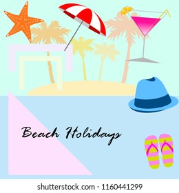 beach umbrella hat flip flops cocktail starfish beach holiday vector background