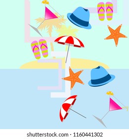 beach umbrella hat flip flops cocktail starfish beach holiday vector background