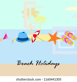 beach umbrella hat flip flops cocktail starfish beach holiday vector background