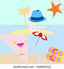 beach umbrella hat flip flops cocktail starfish beach holiday vector background