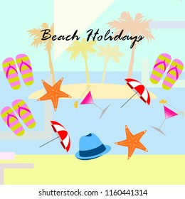 beach umbrella hat flip flops cocktail starfish beach holiday vector background