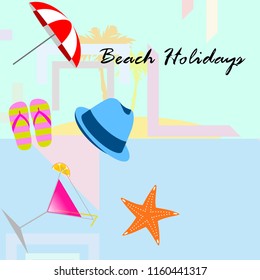 beach umbrella hat flip flops cocktail starfish beach holiday vector background