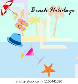 beach umbrella hat flip flops cocktail starfish beach holiday vector background