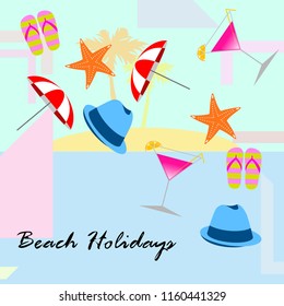beach umbrella hat flip flops cocktail starfish beach holiday vector background