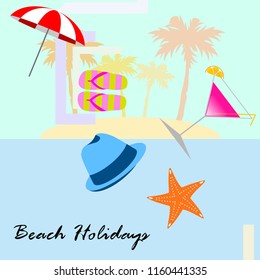 beach umbrella hat flip flops cocktail starfish beach holiday vector background