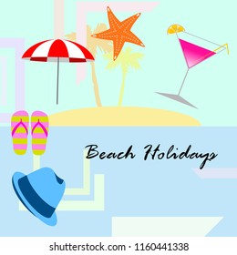 beach umbrella hat flip flops cocktail starfish beach holiday vector background