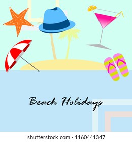 beach umbrella hat flip flops cocktail starfish beach holiday vector background