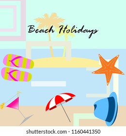 beach umbrella hat flip flops cocktail starfish beach holiday vector background