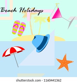 beach umbrella hat flip flops cocktail starfish beach holiday vector background