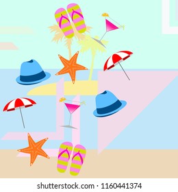 beach umbrella hat flip flops cocktail starfish beach holiday vector background