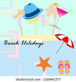 beach umbrella hat flip flops cocktail starfish beach holiday vector background