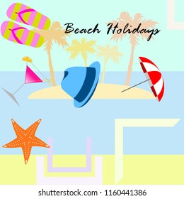 beach umbrella hat flip flops cocktail starfish beach holiday vector background