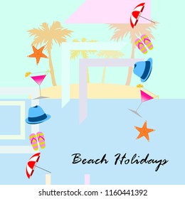 beach umbrella hat flip flops cocktail starfish beach holiday vector background