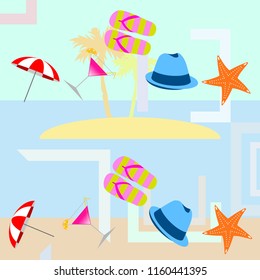 beach umbrella hat flip flops cocktail starfish beach holiday vector background