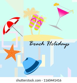 beach umbrella hat flip flops cocktail starfish beach holiday vector background