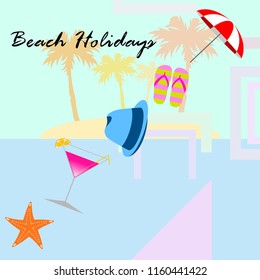 beach umbrella hat flip flops cocktail starfish beach holiday vector background