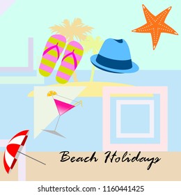 beach umbrella hat flip flops cocktail starfish beach holiday vector background