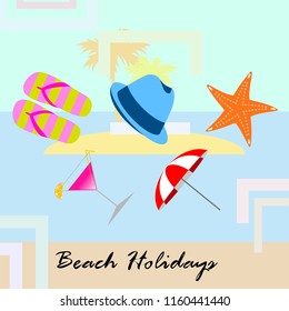 beach umbrella hat flip flops cocktail starfish beach holiday vector background