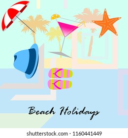 beach umbrella hat flip flops cocktail starfish beach holiday vector background