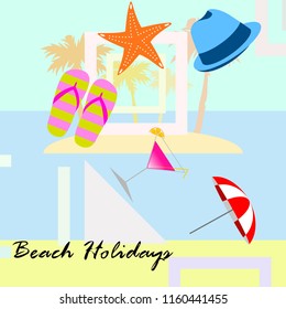 beach umbrella hat flip flops cocktail starfish beach holiday vector background