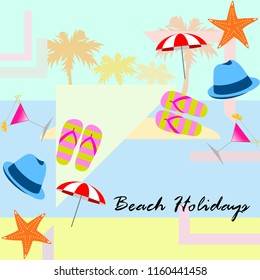 beach umbrella hat flip flops cocktail starfish beach holiday vector background