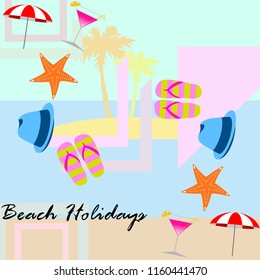 beach umbrella hat flip flops cocktail starfish beach holiday vector background