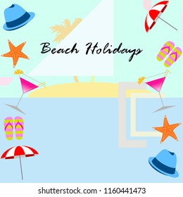 beach umbrella hat flip flops cocktail starfish beach holiday vector background