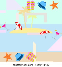 beach umbrella hat flip flops cocktail starfish beach holiday vector background