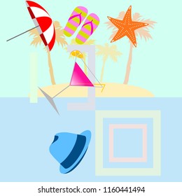 beach umbrella hat flip flops cocktail starfish beach holiday vector background