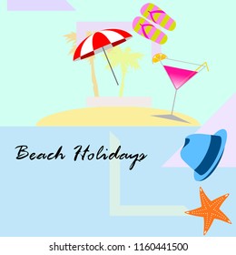 beach umbrella hat flip flops cocktail starfish beach holiday vector background