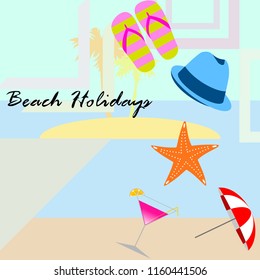 beach umbrella hat flip flops cocktail starfish beach holiday vector background
