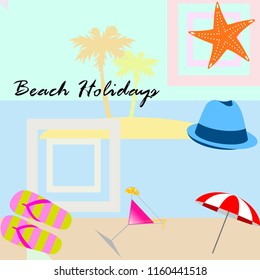 beach umbrella hat flip flops cocktail starfish beach holiday vector background