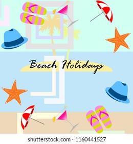 beach umbrella hat flip flops cocktail starfish beach holiday vector background