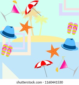 beach umbrella hat flip flops cocktail starfish beach holiday vector background
