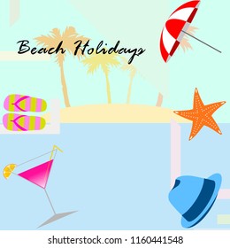 beach umbrella hat flip flops cocktail starfish beach holiday vector background