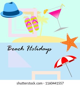 beach umbrella hat flip flops cocktail starfish beach holiday vector background