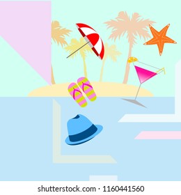 beach umbrella hat flip flops cocktail starfish beach holiday vector background