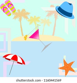 beach umbrella hat flip flops cocktail starfish beach holiday vector background