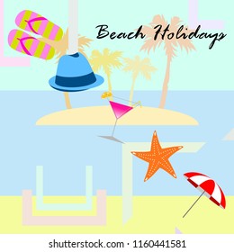 beach umbrella hat flip flops cocktail starfish beach holiday vector background
