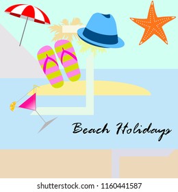 beach umbrella hat flip flops cocktail starfish beach holiday vector background