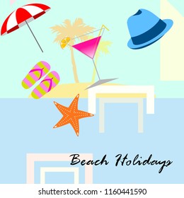 beach umbrella hat flip flops cocktail starfish beach holiday vector background